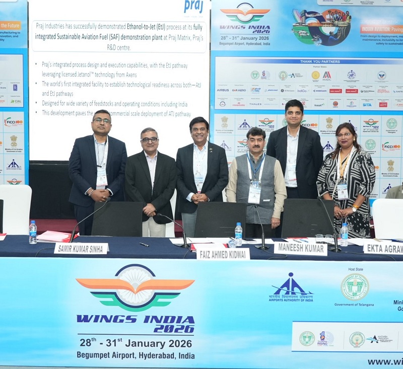 Mr. Siddharth Saha, MD Axens India, Mr. Faiz Ahmed Kidwai, Director General, DGCA, Mr. Atul Mulay, President, Bioenergy, Praj, Mr. Maneesh Kumar, Joint Director General, DGCA, Mr. Gaurav Goyal, Joint Vice President, SAF, Praj, Ms. Ekta Agrawal, Asst. Director, Aircraft Engineering Directorate, DGCA, MoCA, GoI