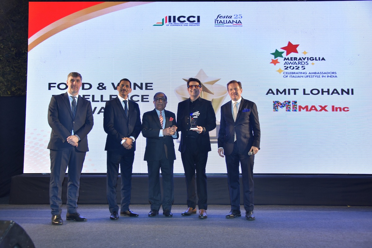 Amit Lohani from Max Inc honoured with Meraviglia Award by Alessandro Giuliani, President IICCI, Claudio Malfotti, CEO IICCI, Satinder Kapoor, Chairperson North, IICCI, and Tarun Pandey, Head Istituto Maragoni.