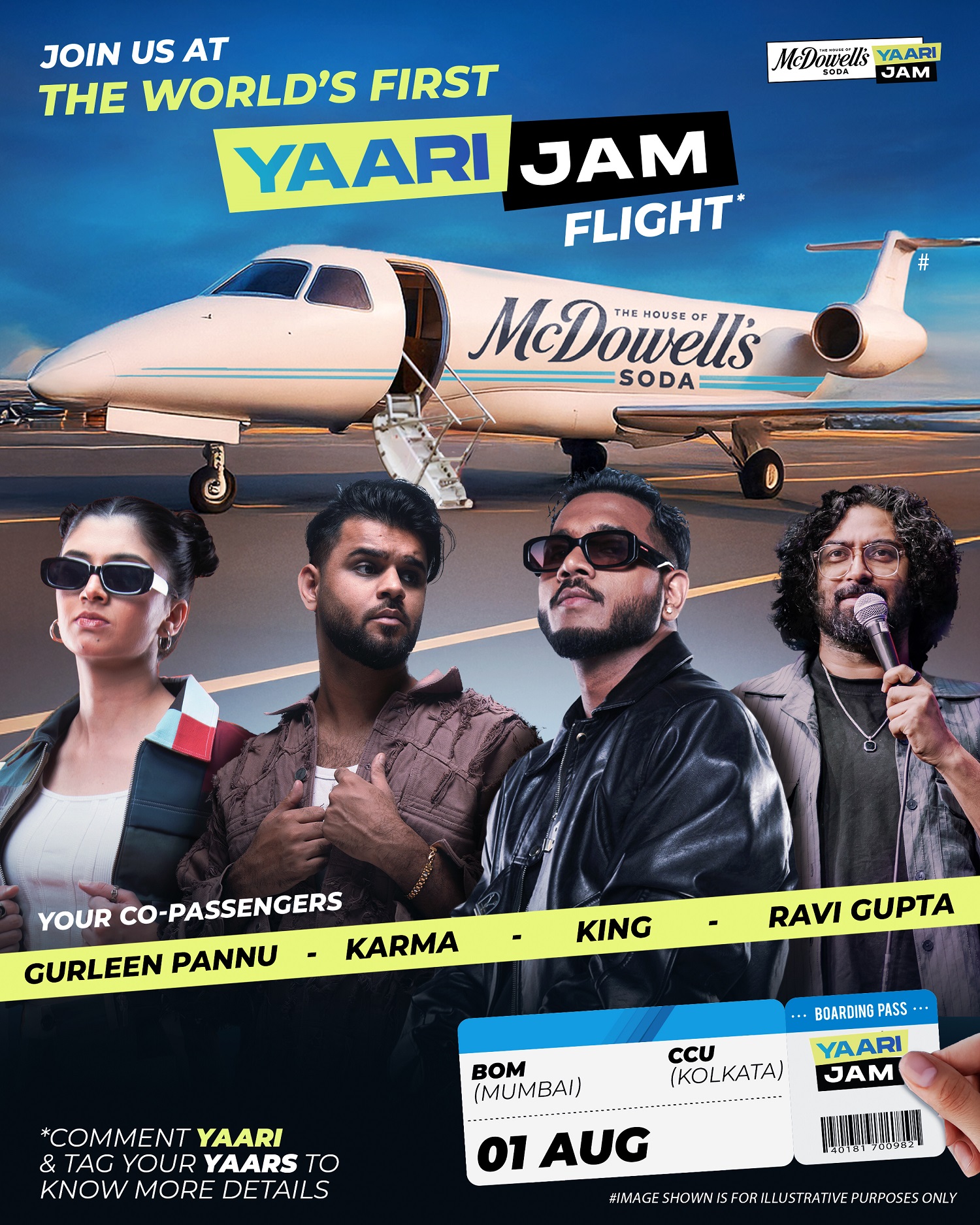 Join the world?s first Yaari Jam Flight with King, Karma, Ravi Gupta & Gurleen Pannu! A sky-high celebration of friendship takes off from Mumbai to Kolkata