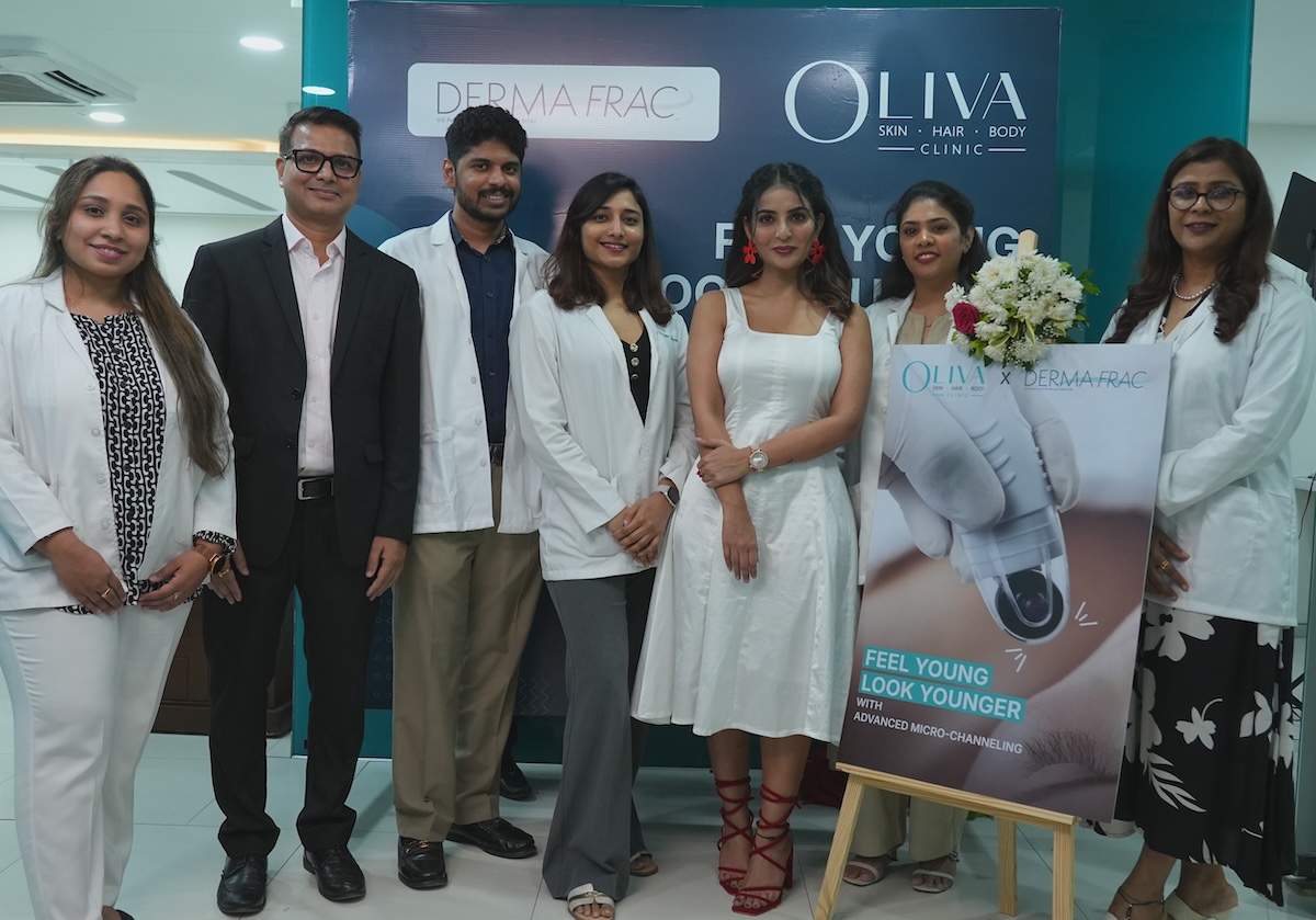Tollywood Actress Ananya Nagalla, (to her left) Dr Jwalitha Reddy, and Dr Sanjita Tripathy, along with other doctors and dignitaries at the launch of Oliva's new DermaFrac advanced micro-channelling treatment.