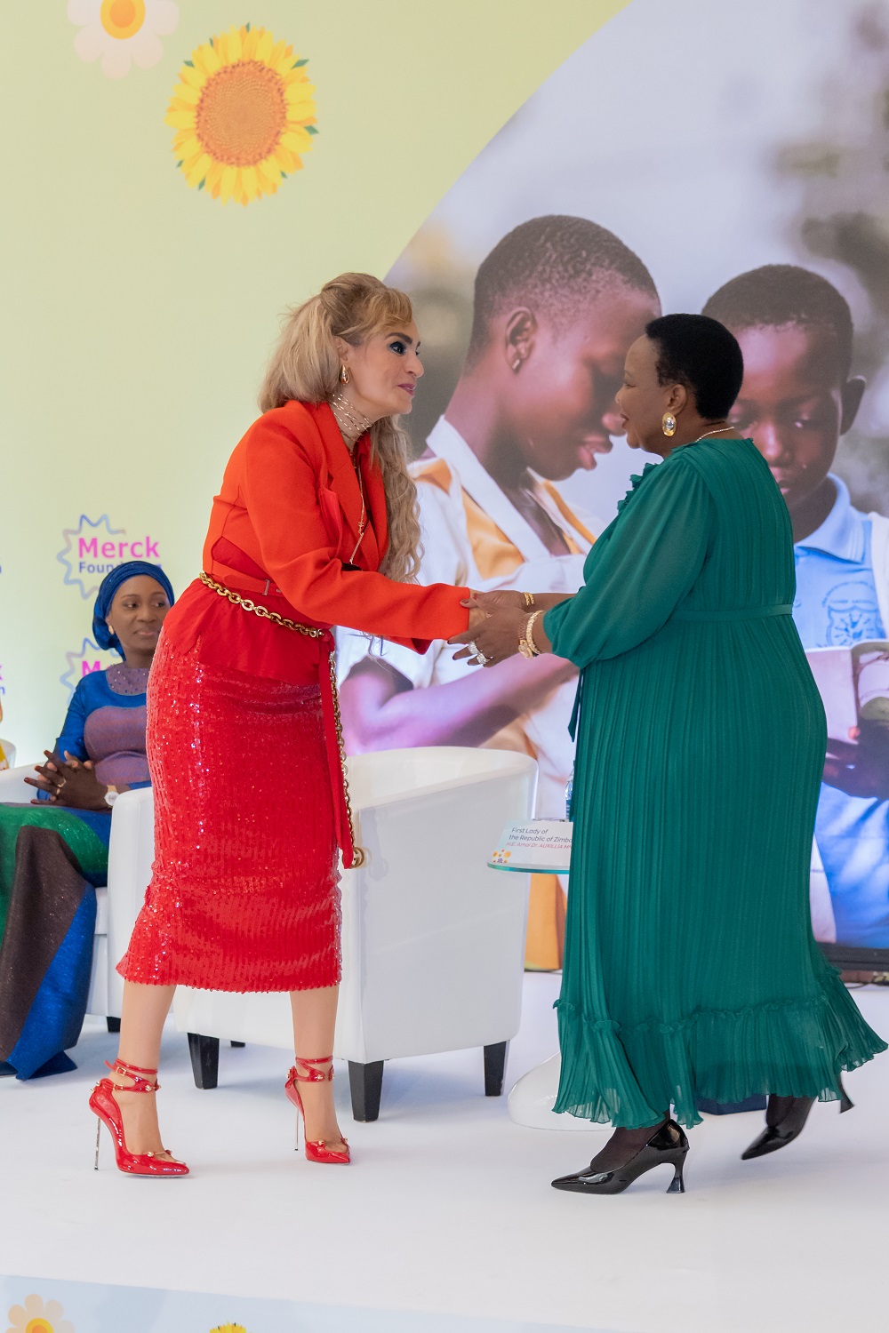 Senator Dr. Rasha Kelej, Merck Foundation CEO with H.E. Amai Dr. AUXILLIA MNANGAGWA, First Lady of Zimbabwe at the 7th Edition of Merck Foundation First Ladies Initiative Summit