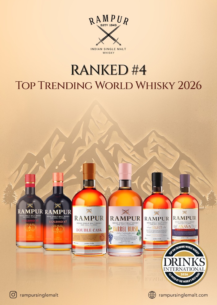 Radico Khaitan?s Rampur Indian Single Malt Whisky is #4 among Top Trending World Whiskies, according to Drinks International Report 2026