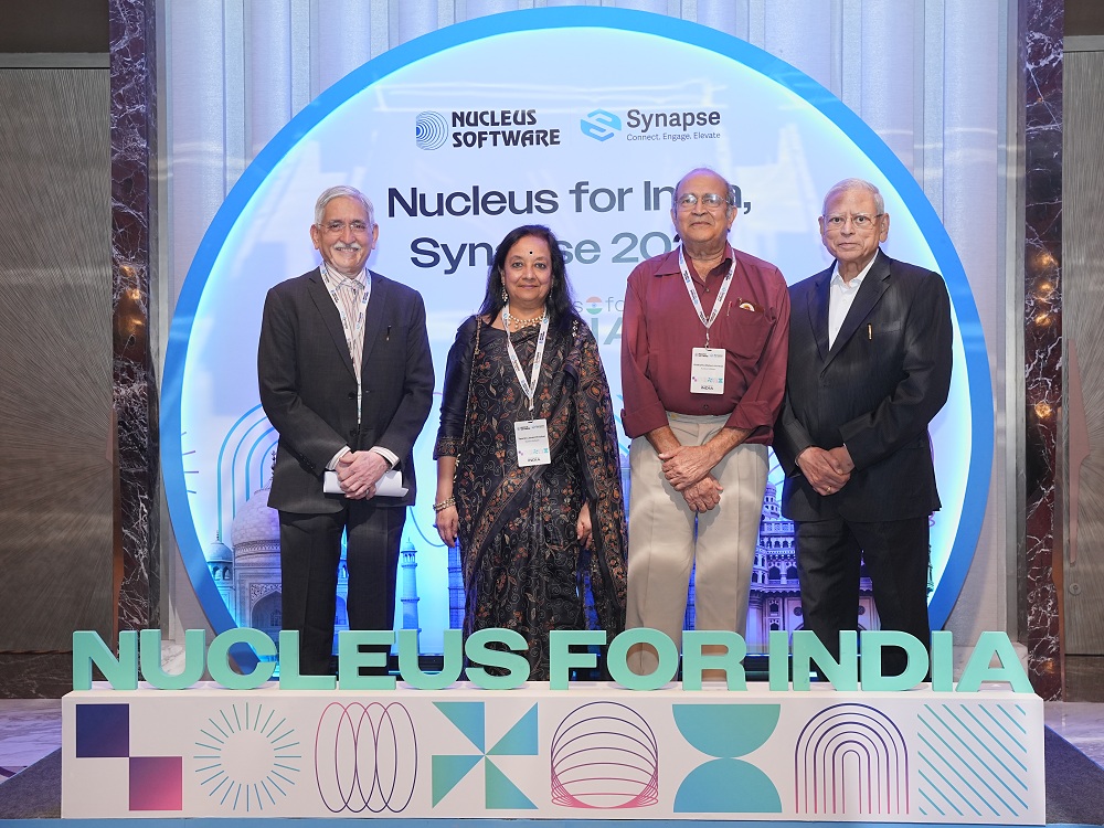 Left to Right:- Mr. Vishnu R. Dusad, Co-founder and Managing Director, Nucleus Software, Ms. Yasmin Javeri Krishnan, Independent Director Nucleus Software, Mr. Siddhartha Mahavir Acharya, Independent Non-Executive Chairman, Nucleus Software and Mr. Janki Ballabh, former Chairman of State Bank of India (SBI) and Vigilance Commissioner at the Central Vigilance Commission at Nucleus for India, Synapse 2025.