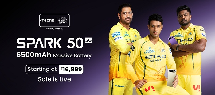 TECNO SPARK 50 5G with a massive 6500mAh battery is now on sale, starting at Rs. 16,999.