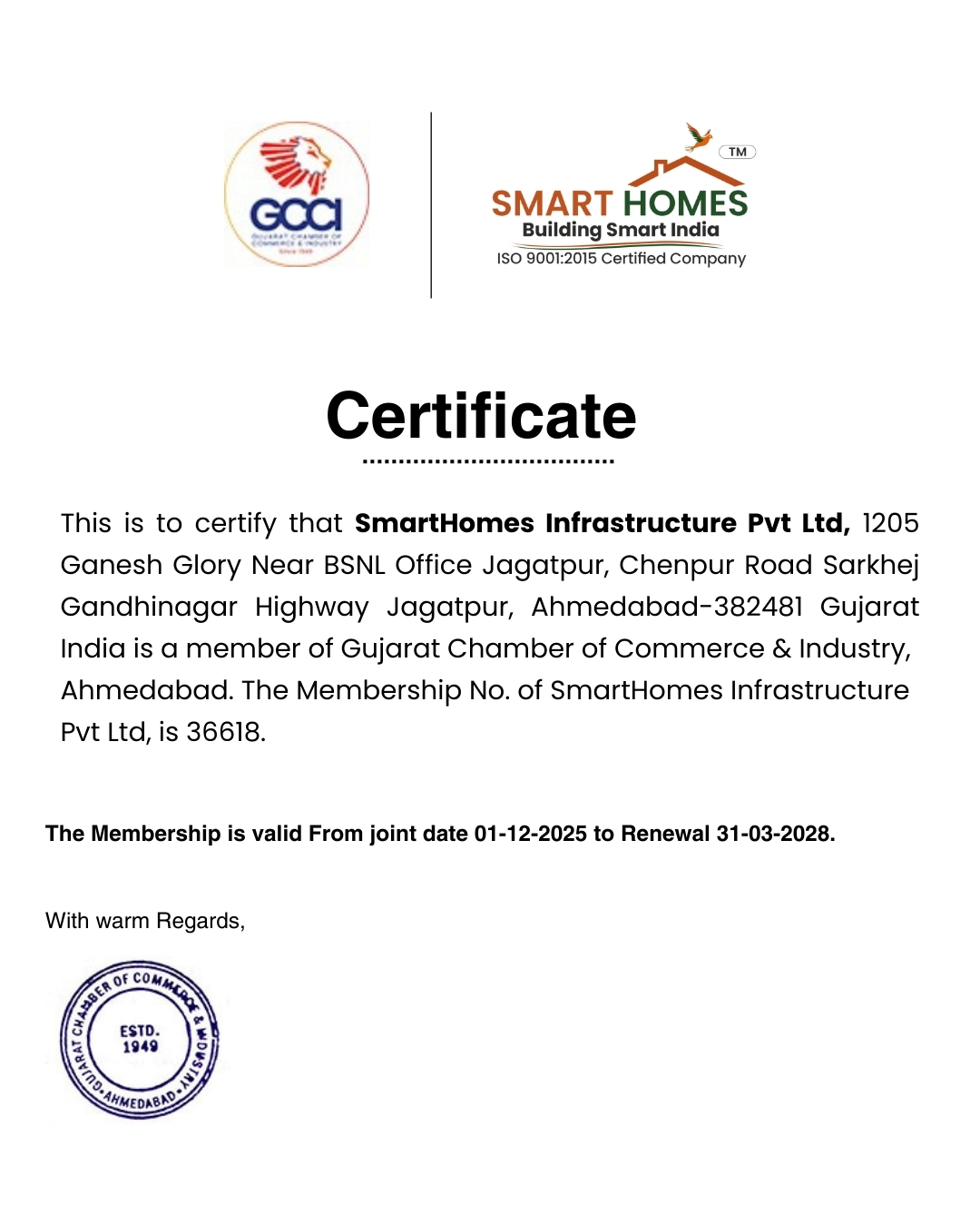 SmartHomes Infrastructure joins GCCI to strengthen leadership and accelerate growth in Dholera Smart City.