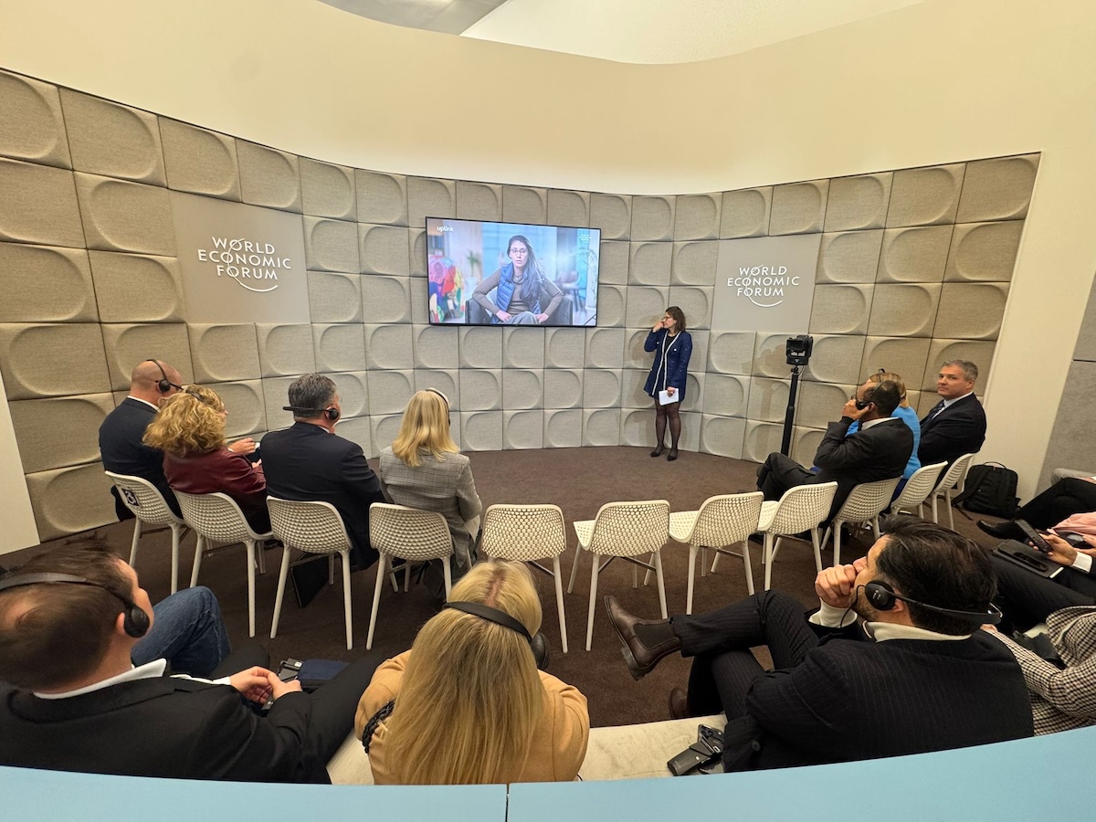Roshni Nadar Malhotra, Chairperson of HCL Group, congratulates?the winners of ?Water Resilience Challenge? under the Aquapreneur Innovation Initiative in Davos.
