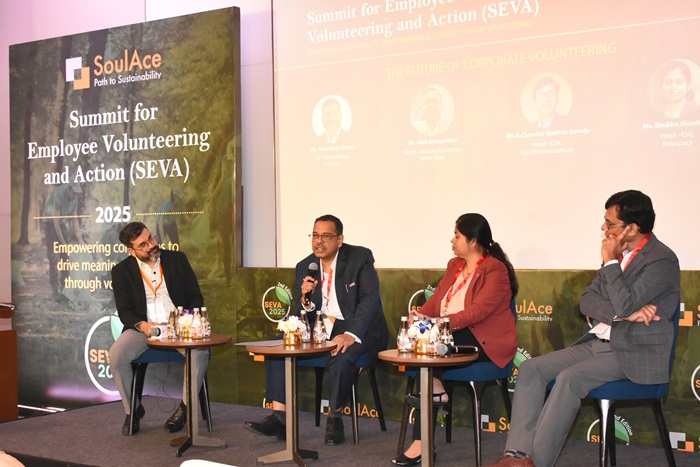 (L-R) Mr Anirudhya Gupta, VP - Partnerships, SoulAce; Mr Alok Sheopurkar, Head-Human Resources, HDFC AMC; Ms. Shubha Shanbhag, Head - ESG, IndoSpace; Mr Chandra Shekhar Gowda, Head - CSR, Sun Pharma