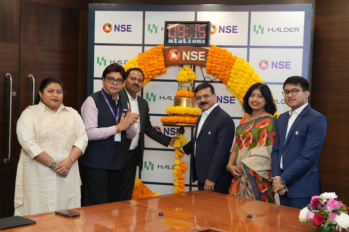 Shrestha Halder, General Manager, Halder Venture Ltd, Dr. Harish Ahuja, Head -Listing, NSE, Mrinal Debnath, CFO, Halder Venture Ltd, Keshab Kumar Halder, Managing Director, Halder Venture Ltd, Poulomi Halder, Director, Halder Venture Ltd, Koustuv Halder, General Manager - Change Management & Process Improvement, Halder Venture Ltd.