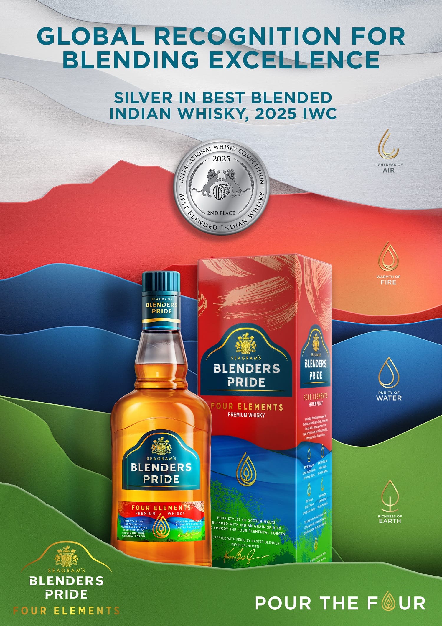 Blenders Pride Four Elements won a Silver Medal in the Best Blended Indian Whisky category at the prestigious 2025 International Whisky Competition (IWC)