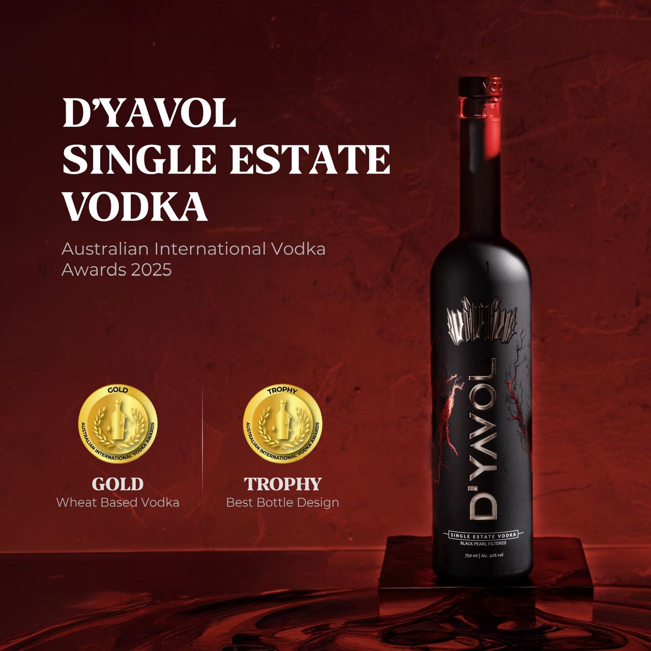 D?YAVOL Single Estate Vodka has been honoured with a Gold Medal and the title of ?Best Bottle Design? at Australian International Vodka Awards 2025