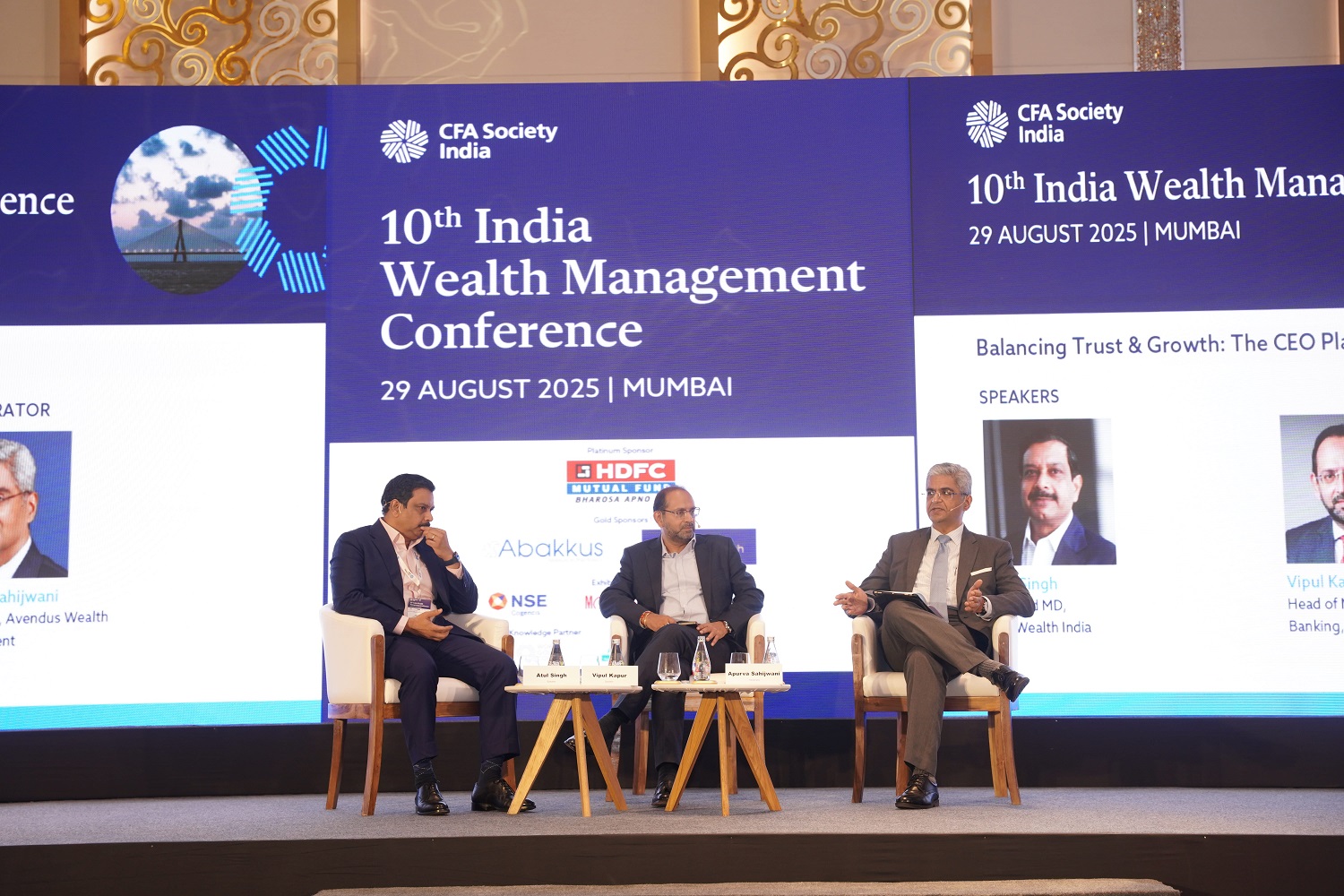 (L to R): Atul Singh, CEO & MD, LGT Wealth India, Vipul Kapur, Head - Private Banking, Mashreq, Apurva Sahijwani, MD & CEO, Avendus Wealth Management at the 10th India Wealth Management Conference in Mumbai