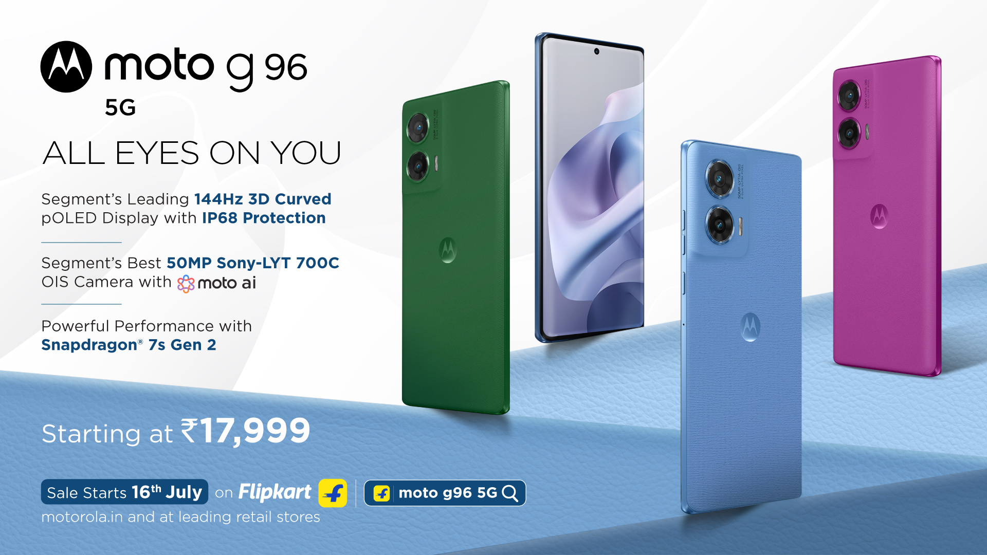 Motorola Launches Moto g96 5G with 144Hz 3D Curved pOLED Display, and 50MP OIS Sony LYTIA™ 700C Camera with Moto Ai, Starting at Rs.17,999