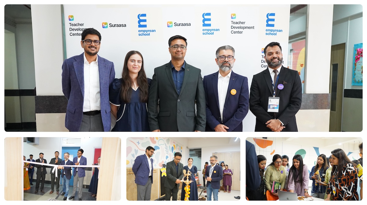 Suraasa and Empyrean School leadership inaugurate India's first Teacher Development Centre in Navi Mumbai with a ribbon cutting, lamp lighting, and teachers queuing to learn more.